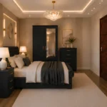 Double Bed Interior Furniture Set - Two Door Mirror Wardrobe - Chest of Five Drawers - Two Bedside Tables