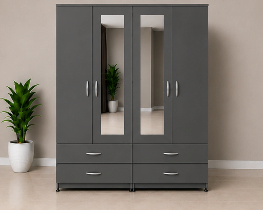 Grey Wooden 4 Door Wardrobe with Full-Length Mirrors and Storage Drawers Luxury iron 4 Door Wardrobe with 4 Drawers & 2 Mirrors - Stylish 4 Door Storage Wardrobe with Drawers - Image 1