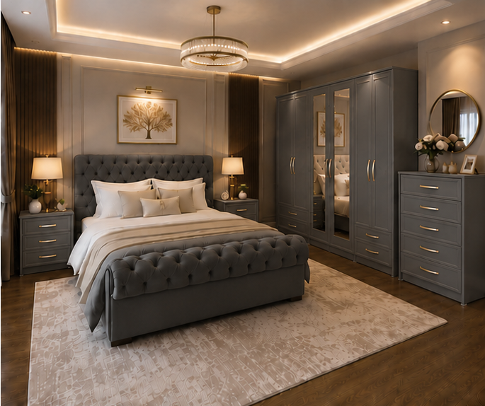 Grey_Bedroom_View_2 Complete Grey Bedroom Storage Set – Mirrored Wardrobe, Chest Drawer & Side Tables - Image 1