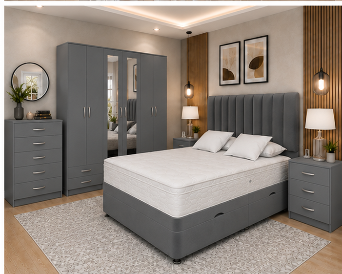 Luxury King Size Bedroom Collection – Upholstered Double Bed – Six Door Wardrobe – Tall Chest of Drawers – Two Nightstands