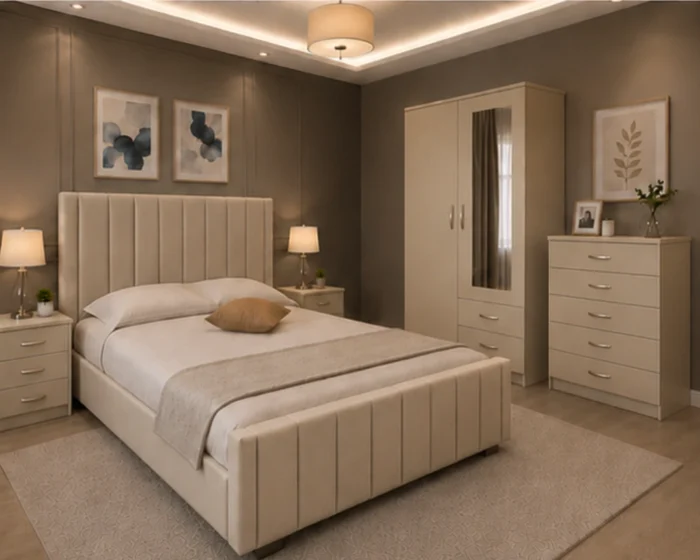 Complete King Size Bed Furniture Package - two Door Wardrobe With two Drawer - Chest of Five Drawers With Two Bed Side Table
