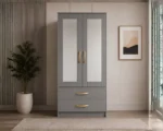 Space Saving 2 Door Wardrobe with Mirror Doors with grey colors - Contemporary Two Door Storage Wardrobe