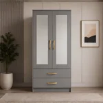 Space Saving 2 Door Wardrobe with Mirror Doors with grey colors - Contemporary Two Door Storage Wardrobe