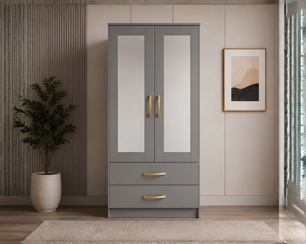 Home Wardrobe Space Saving 2 Door Wardrobe with Mirror Doors with grey colors - Contemporary Two Door Storage Wardrobe - Image 1