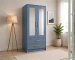 Modern Wooden 2 Door Half Mirror Wardrobe with blue colors - Luxury Two Door Mirror Wardrobe with Drawers - Image 2