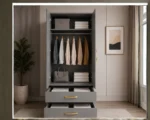 Space Saving 2 Door Wardrobe with Mirror Doors with grey colors - Contemporary Two Door Storage Wardrobe - Image 4
