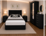 Beautiful Black Complete Bedroom Suite - Bed, Mirror Wardrobe & Bedside Tables Included - Image 3