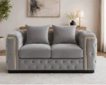 Madrid Light Grey 2 Seater Sofa – Luxury Chesterfield Fabric Sofa with Gold Accents | UK