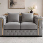 Madrid Light Grey 2 Seater Sofa – Luxury Chesterfield Fabric Sofa with Gold Accents | UK