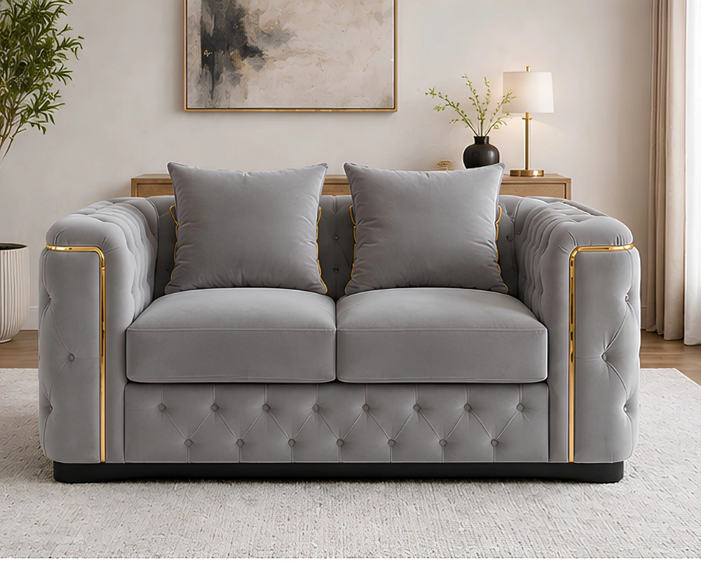 Light Grey 2 Seater Sofa Modern - Copy Madrid Light Grey 2 Seater Sofa – Luxury Chesterfield Fabric Sofa with Gold Accents | UK - Image 1