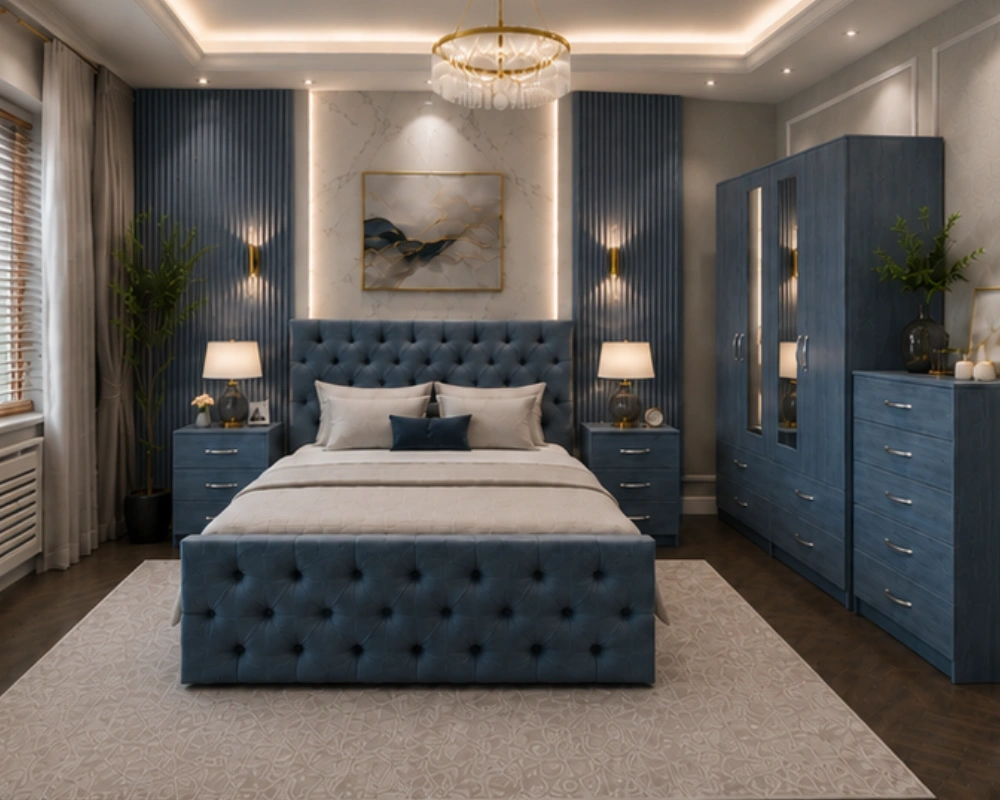 Luxury Blue Velvet Bedroom Set Elegant King Size Bedroom Suite – Four Door Wardrobe Featuring Two Half Mirrors, Four Bottom Drawers & Two Bed Side Tables - Image 1