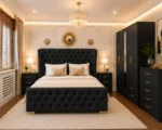 Designer Wooden Bedroom Furniture With Five Door Wardrobe With One Long Mirror - Chest of Five Drawers With Two Bed Side Table