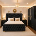 Designer Wooden Bedroom Furniture With Five Door Wardrobe With One Long Mirror - Chest of Five Drawers With Two Bed Side Table