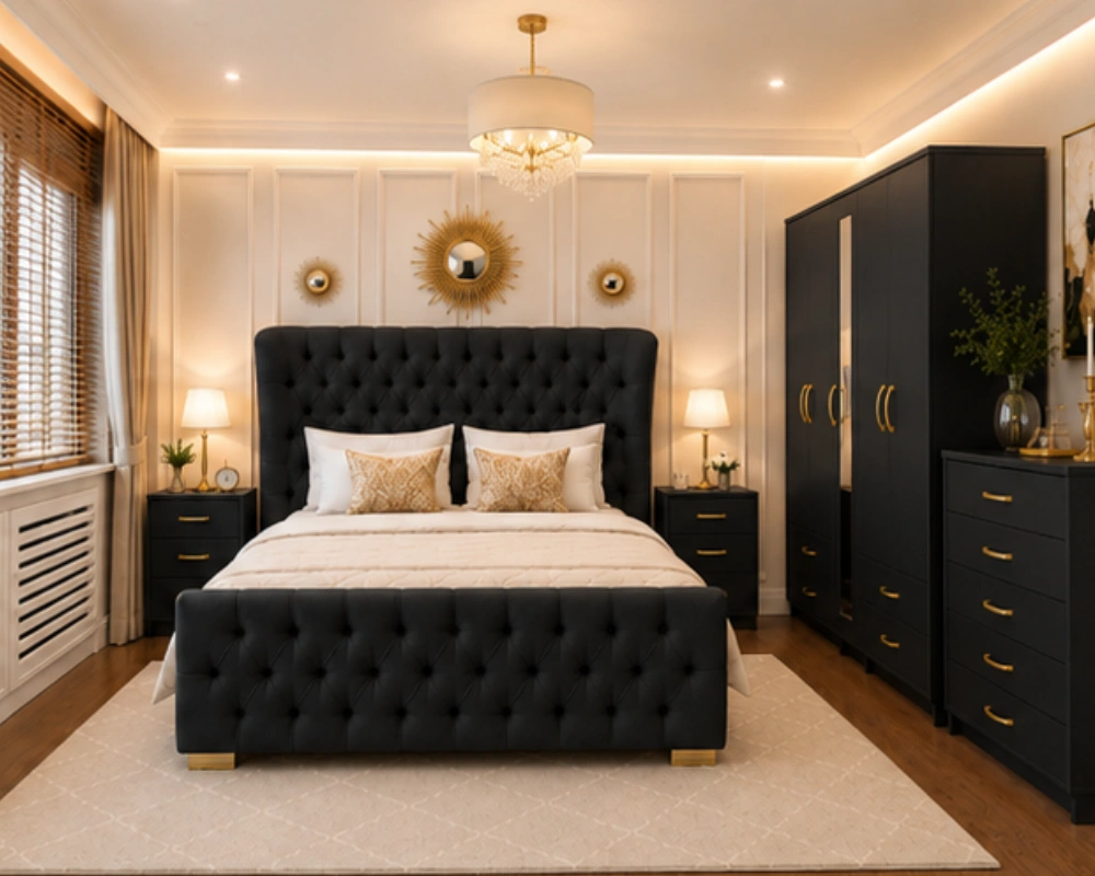 Luxury Complete Bedroom Furniture Set with Upholstered Bed Mirrored Wardrobe Chest of Drawers and Bedside Tables Designer Wooden Bedroom Furniture With Five Door Wardrobe With One Long Mirror - Chest of Five Drawers With Two Bed Side Table - Image 1