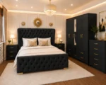 Designer Wooden Bedroom Furniture With Five Door Wardrobe With One Long Mirror - Chest of Five Drawers With Two Bed Side Table - Image 4