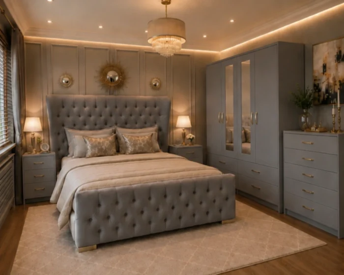Complete King Size Bed Furniture Package - with Four Door Wardrobe With Four Drawer - Chest of Five Drawers With Two Bed Side Table