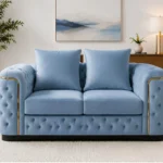 Madrid Light Blue 2 Seater Sofa – Luxury Chesterfield Fabric Sofa with Gold Accents | UK