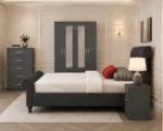 Luxury grey Velvet Complete Bedroom Furniture Set – four Door Wardrobe With Four Drawer - Chest of Five Drawers With Two Bed Side Table - Image 3