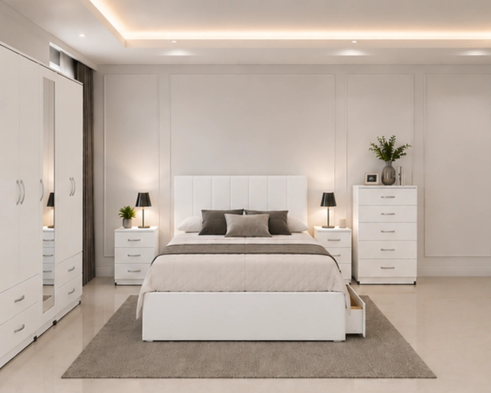 Luxury Modern Complete Bedroom Suite – King Bed, Wardrobe, Bedside Cabinets & Dressing Unit Complete Luxury Bedroom Collection – Double Bed, 5 Door Full Length Mirror Wardrobe, Chest of Five Drawers & Matching Bed Side Tables - Image 1