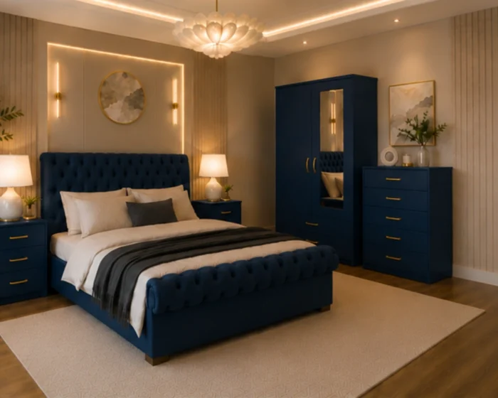 King Size Bed Storage Collection - 2 Door Wardrobe With Mirror And Bottom Drawer - Chest of Five Drawers - Two Bedside Tables