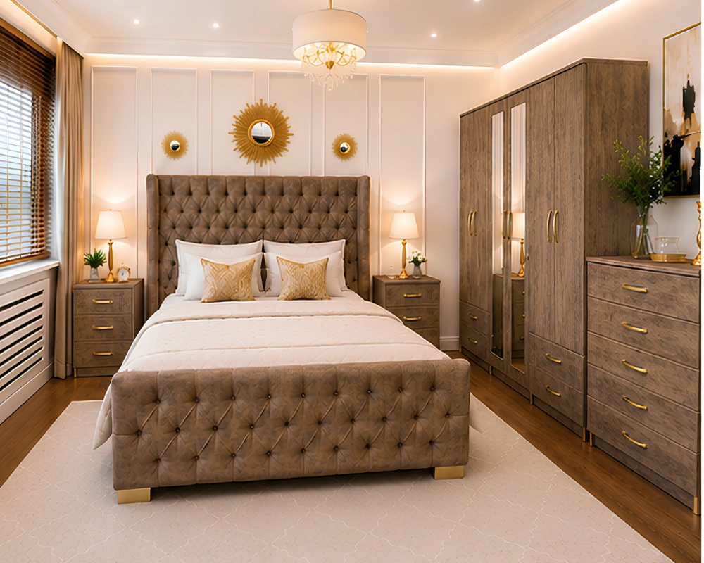 Luxury Premium Complete Bedroom Furniture Collection Elegant Bedroom Suite – Double Bed with Six Door Wardrobe, Two Full Length Mirrors, Four Bottom Drawers & Five Drawer Chest - Image 1