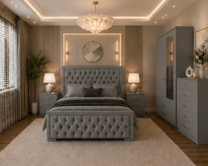 Complete King Size Bed Furniture Package - Two Door Wardrobe With One Mirror - Chest of Five Drawers With Two Bed Side Table