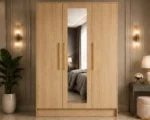 Natural Oak 3 Door Mirrored Wardrobe – Elegant Wooden Bedroom Storage Solution