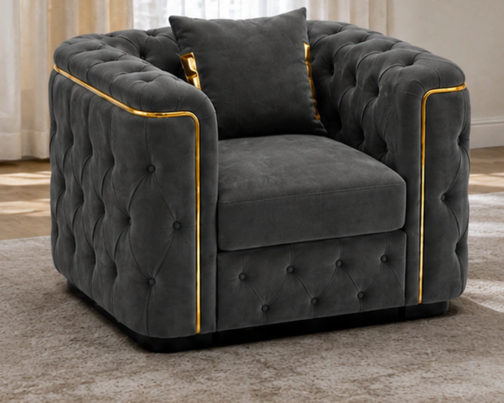 Madrid Dark Grey Single Seater Modern Madrid Dark Grey Armchair – Luxury Chesterfield Accent Chair with Gold Accents | UK - Image 1