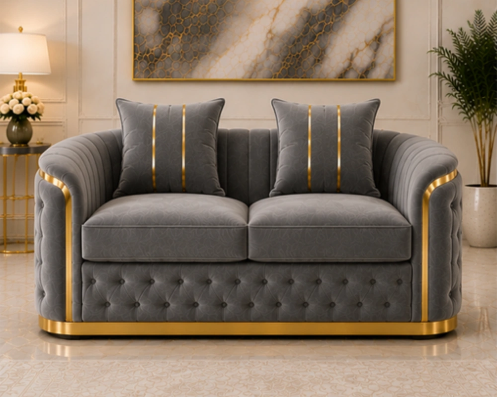 Madrid Grey Two Seater Sofa Modern Madrid Grey 2 Seater Sofa – Luxury Velvet Chesterfield Sofa with Gold Accents | UK - Image 1