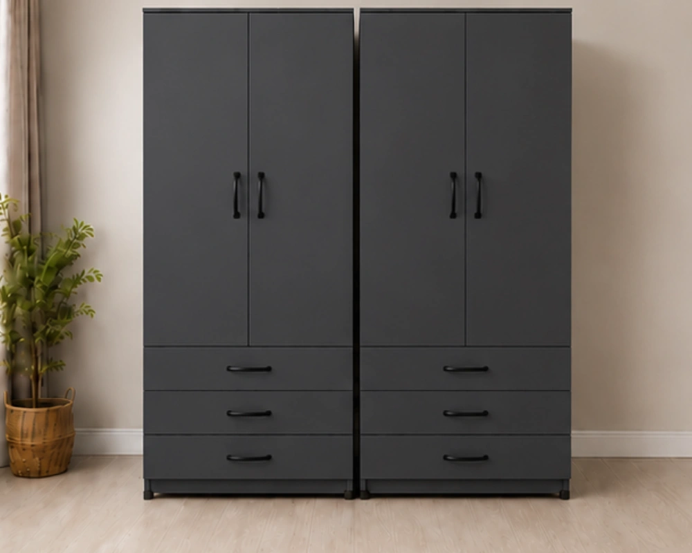 Matte Black 2 Door Wardrobe with 3 Drawers _ Modern Bedroom Storage Cabinet Modern Dark Grey 2 Door Wardrobe with 3 Drawers – Sleek Bedroom Storage - Image 1