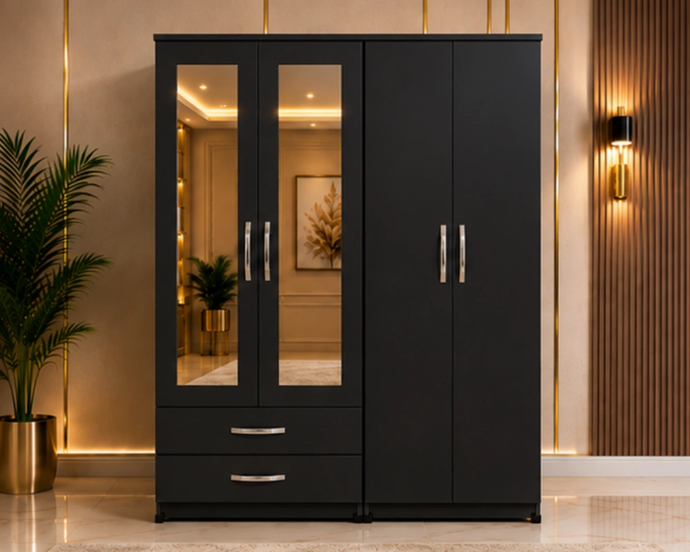 Minimalist 4 Door Wardrobe in Charcoal Grey Finish with Mirror & 2 Drawers Elegant 4 Door Bedroom Wardrobe with Dual Mirrors - Premium 4 Door Storage Wardrobe with 2 Drawers - Image 1