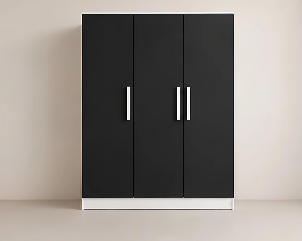 Minimalist Black Wooden 3 Door Almirah Elegant 3 Door Wooden Wardrobe - Bedroom Furniture - Image 1