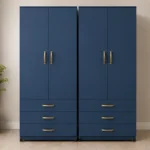 Modern Navy Blue 2 Door Wardrobe with 3 Drawers – Stylish Bedroom Storage