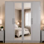 Luxury Light Grey 4 Door Wardrobe with 2 Full-Length Mirrors – Modern Bedroom Storage