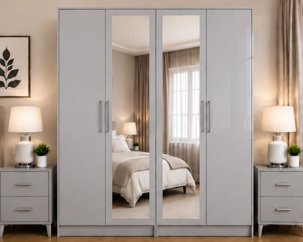 Modern 4 Door Wardrobe with 2 Full-Length Mirror Doors – Light Grey Finish Luxury Light Grey 4 Door Wardrobe with 2 Full-Length Mirrors – Modern Bedroom Storage - Image 1