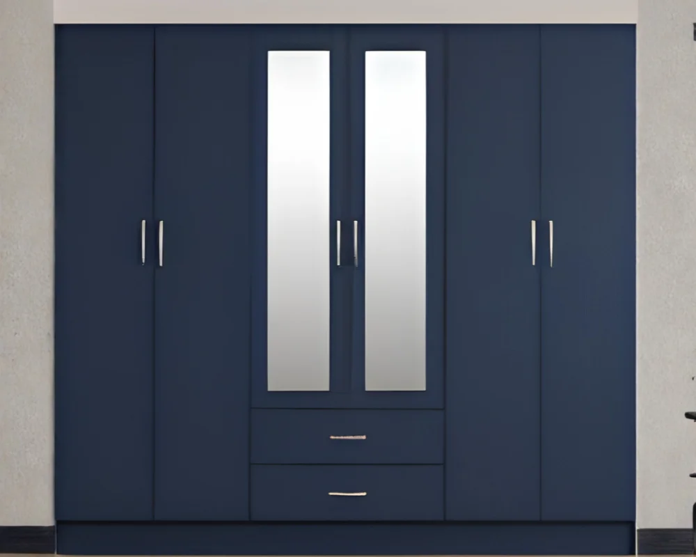 Modern 6-Door Storage Wardrobe with Double Mirror Doors (2) Blue 6 Door Mirrored Wardrobe with Drawers – Modern Wooden Bedroom Wardrobe – Luxury Home - Image 1