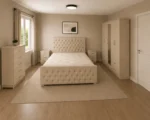 Modern Double Bed Furniture Collection - Five Door Wardrobe With One Mirror And Four Bottom Drawers - Chest of Five Drawers With Two Bed Side Tables