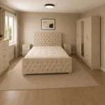 Modern Double Bed Furniture Collection - Five Door Wardrobe With One Mirror And Four Bottom Drawers - Chest of Five Drawers With Two Bed Side Tables