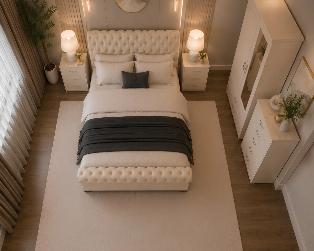 Modern Bedroom Furniture Set for Small Bedrooms (2) Designer Bedroom Package - Double Bed - 2 Door Mirror Wardrobe - Five Drawer Chest - Two Bedside Tables - Image 1