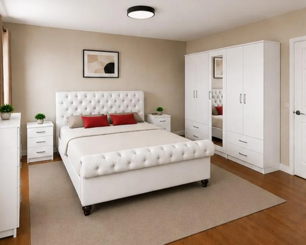 Modern Bedroom Furniture Set – Stylish & Elegant Bedroom Collection Luxury Double Bed Furniture Set - Six Door Wardrobe With Four Drawer - Chest of Five Drawers With Two Bed Side Table - Image 1