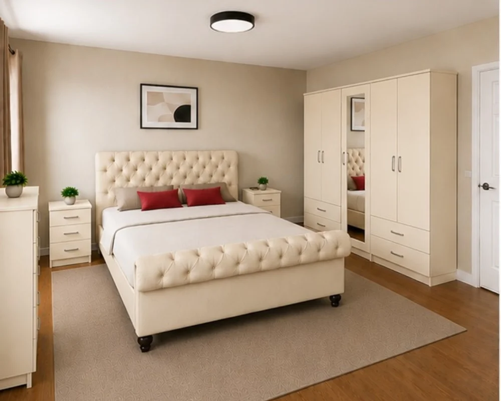 Modern Bedroom Furniture – Luxury Bed & Storage Collection Double Bed Bedroom Furniture Collection - Six Door Wardrobe With Four Drawer - Chest of Five Drawers With Two Bed Side Table - Image 1