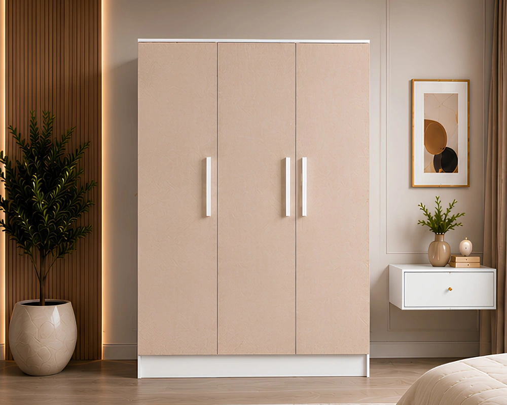 Modern Beige 3-Door Wooden Wardrobe with Minimalist Design Elegant Cream Finish 3-Door Bedroom Wardrobe Modern 3 Door Wardrobe with Hanging Rail & Shelving Storage - Image 1