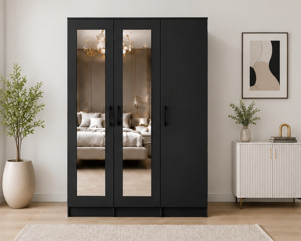 Modern Black 3 Door Wardrobe with Dual Full-Length Mirror Doors Contemporary Black 3 Door Wardrobe with Mirrors – Stylish Wooden Bedroom Furniture - Image 1