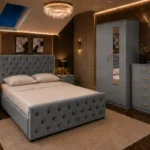 Stylish Home Furniture Set - King Size Bed - Two Door Mirror Wardrobe - Five Drawer Chest - Matching Bedside Tables