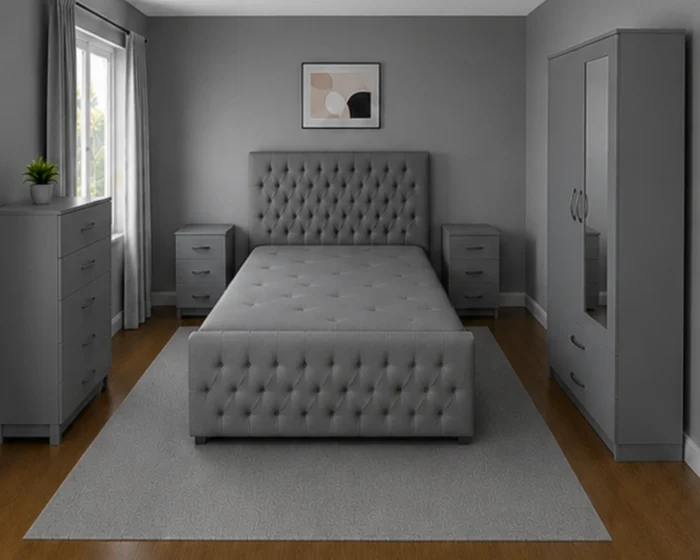 Classic King Size Bed Furniture Set - Two Door Wardrobe With One Mirror - Chest of Five Drawers With Two Bed Side Table