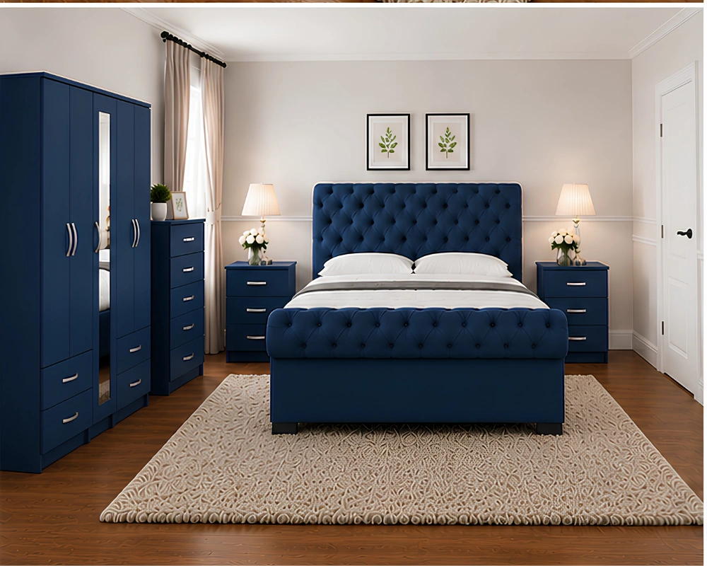 Modern High-Quality Bedroom Furniture Set (7) Designer Bedroom Furniture Set – Five Door Full Mirror Wardrobe, Four Bottom Drawers, Double Bed & Five Drawer Chest - Image 1