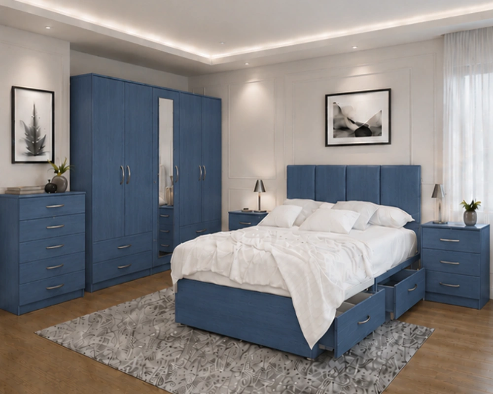 Modern Luxury Bedroom Furniture Set – King Size Bed, Wardrobe, Bedside Tables & Dressing Unit Luxury Complete Bedroom Furniture Set – Double Bed, Five Door Full Length Mirror Wardrobe with Four Bottom Drawers, Chest of Five Drawers & Two Bed Side Tables - Image 1