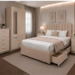 Modern Bedroom Collection - Double Bed - Two Door Mirror Wardrobe With Bottom Drawer - Chest of Five Drawers - Bedside Table Pair