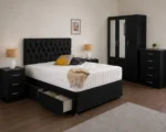Elegant Bedroom Suite – Three Door Wardrobe with Two Half Mirrors, Two Bottom Drawers, Double Bed & Two Bed Side Tables - Image 4