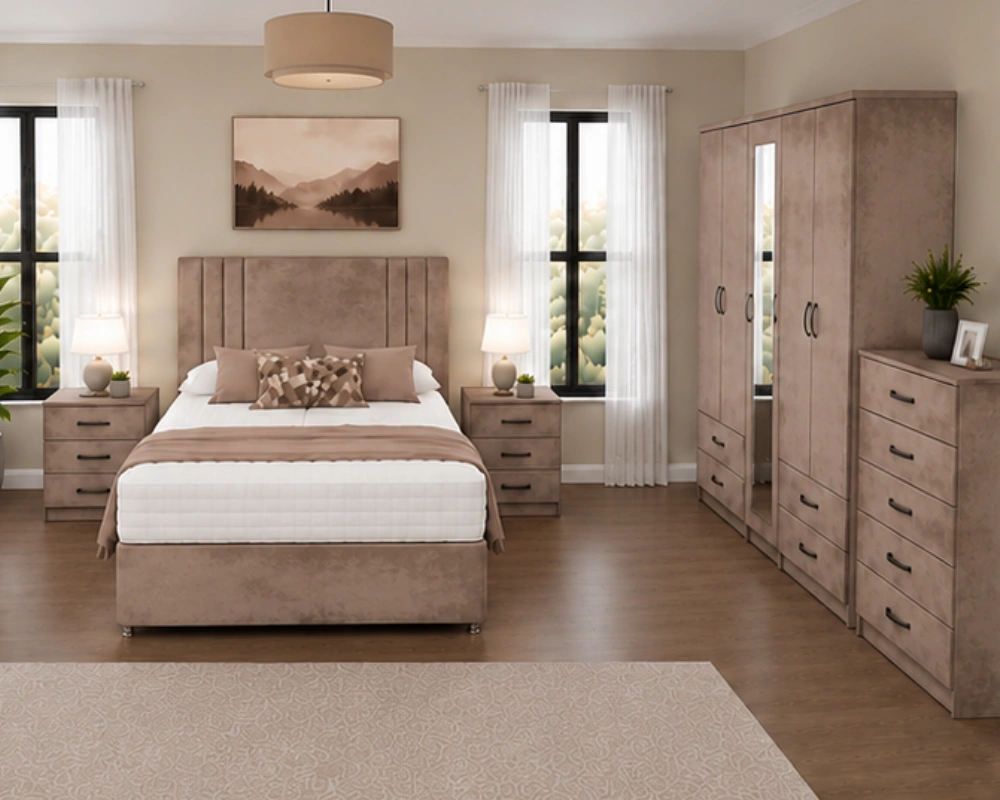 Modern Premium Complete Bedroom Furniture – Double Bed, 5-Door Wardrobe, Bedside Tables & Chest Designer Double Bed Furniture Set – Five Door Wardrobe with Four Bottom Drawers – Complete Bedroom Collection - Image 1